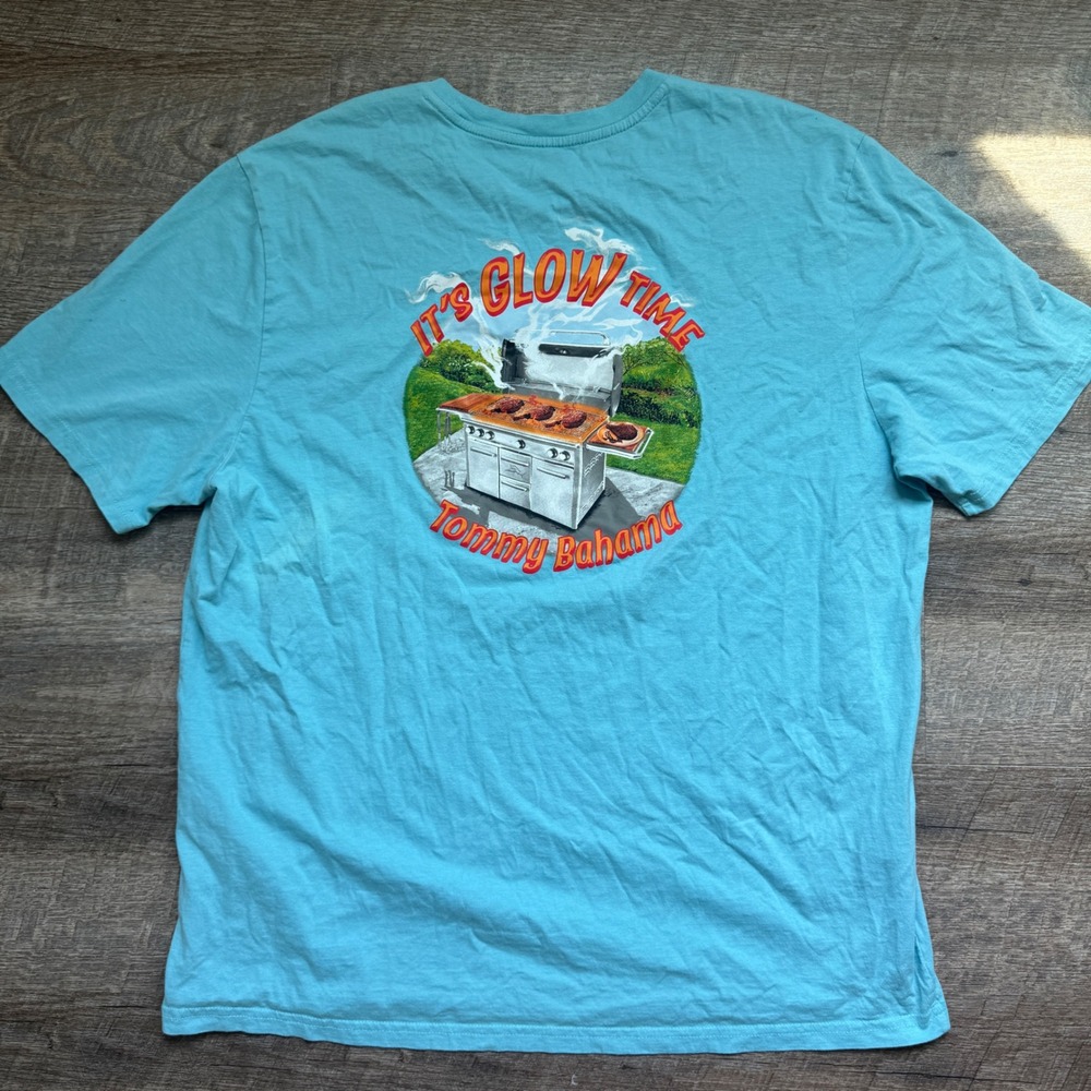 Tommy Bahama Mens XL It's Glow Time BBQ Grill Graphic T-Shirt Blue Cotton July 4